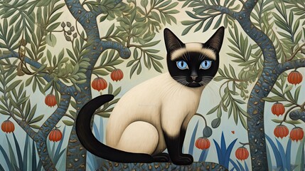 Sticker -  a painting of a siamese cat sitting in a tree.  generative ai