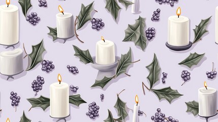 Poster -  a pattern of candles and holly leaves on a purple background.  generative ai