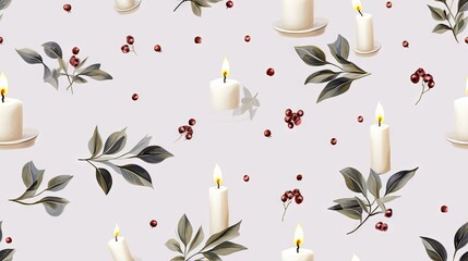 Poster -  a pattern of white candles with red berries and green leaves.  generative ai