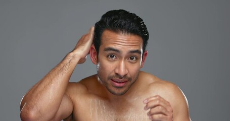 Sticker - Face, cleaning and man with hygiene, skincare and cosmetics on a grey studio background. Portrait, Japanese person and model with wellness, grooming and hair care with water, wet and dermatology