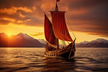 Sailing viking row ships on river. Drakkar, longships. Scandinavian warrior Generative ai