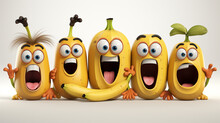 Very Adorable Banana Cartoon Character Set With Different Emotions And Poses Isolated On White Background