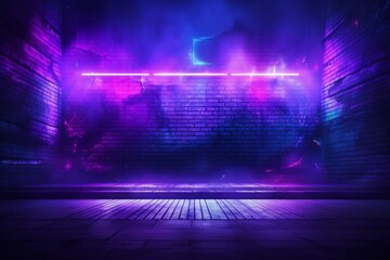 Abstract neon lines in smoke on an old concrete wall with purple and blue cyberpunk lights. Futuristic colors, modern design, energy pattern. Generative AI