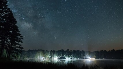 Milky Way Time Lapse Traveling Across the Sky Over Lake in Mississippi