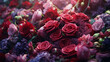 Zoom sur des fleurs, bouquet de fleurs de couleurs rouge, rose, mauve. Macro, lumineux, coloré. Fond pour conception et création graphique.