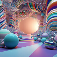 Abstract Background With Large Decorative Balls Next To Colorful Spiral Columns.