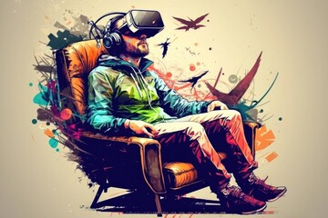 Sticker - Young man wearing virtual reality goggles sitting in an armchair