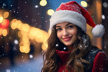 Portrait of a beautiful smiling young woman wearing a Santa Claus hat on a bright festive blurred background with bright bokeh and snowflakes.