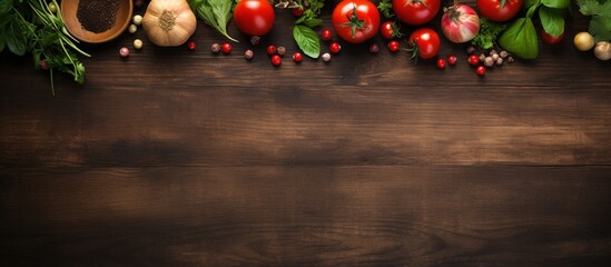 Sticker - Food background with ingredients and cutting board on a wooden table