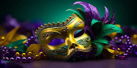 Wall Mural - Colorful traditional mardi gras carnival mask with gold, green colors decoration for national festival celebration on purple background with copy space.