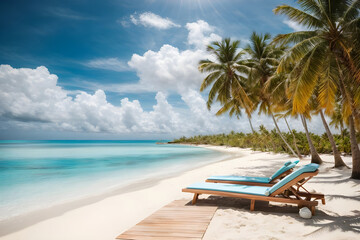 Vacation holiday recreation on beach concept background wallpaper. Beach lounger on sand beach. AI Generated.