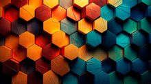 Colorful Hexagonal 3d Shape Texture Background. Blue, Orange And Yellow Color Palette