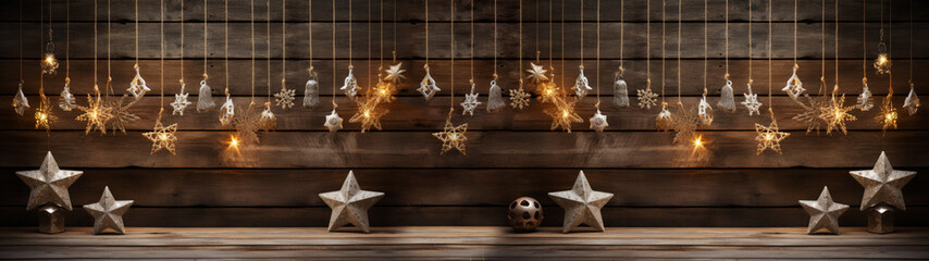 Christmas, advent, celebration, haning stars and christmas items, wooden background, shining light effekts