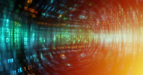 Abstract cyber security illustration of a binary code tunnel, representing the flow of data and the importance of cyber security.