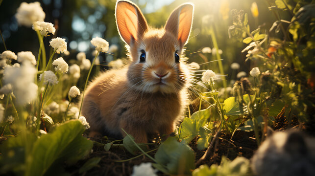 a rabbit in a grassy meadow with white eggs laying
