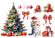 Christmas  Watercolor  Illustrations Set.  Vector Illustration Of Christmas Tree, Cat With Christmas Hat, Ribbon And Candles.