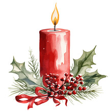Christmas Candle Watercolor  Illustrations.  Vector Holidays Illustration Of Red Candle, Berry Branch And Holly Leaves.