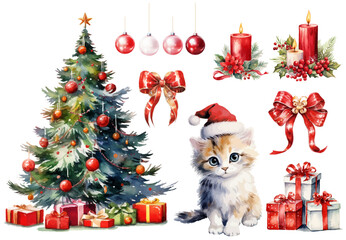 Christmas  watercolor  illustrations set.  Vector illustration of christmas tree, cat with christmas hat, ribbon and candles.