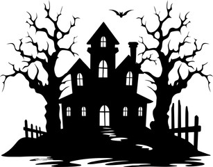 A silhouette haunted Halloween house with spooky trees