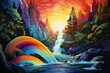 An artwork depicting a cascading waterfall intersected by a vibrant arc of colors. Generative AI