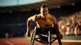 Athlete Competing in Wheelchair, Stadium, Emotional Moment, Success Story