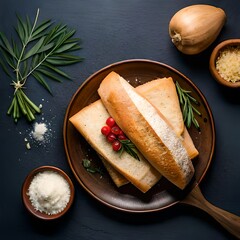 Italian ciabatta bread on a plate with Provencal herbs and Parmesan cheese on a dark background, top view