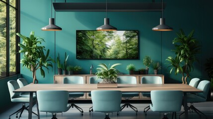 Canvas Print - A green minimalist indoor conference room