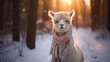 Alpaca with a scarf in the snow