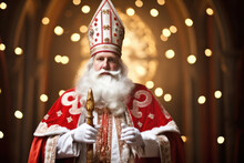 Saint Nicholas Or Sinterklaas Portrait. Christmas Season. Dutch And Belgian Christmas Holiday Traditions