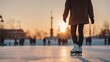 A beautiful woman ice skating on ice rink in winter at sunset