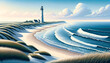 Illustration of a tranquil beach setting on the island. The scene portrays the immaculate white sand leading to the mesmerizing waves