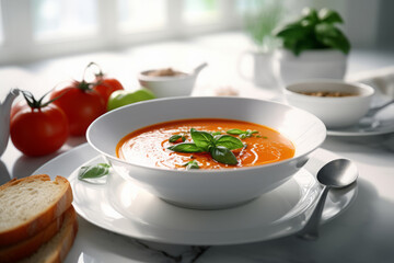 Wall Mural - Tomato soup on a white table with fresh basil leaves