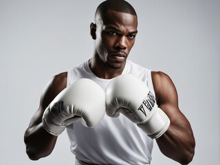 Wall Mural - portrait of a young American black boxer with mucular body, looking angry 