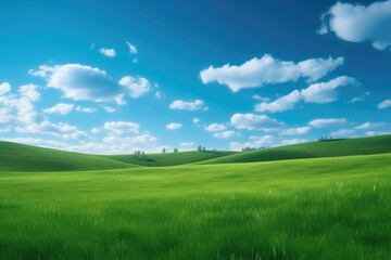 Wall Mural - Green lawn under blue sky and white clouds