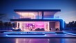 A state-of-the-art smart home with clean lines and futuristic design, illuminated with neon lights