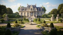 A Lavish French Chateau With Sculpted Hedges And A Marble Fountain In The Front Yard. Leave The Bottom-right Area Blank For Text.