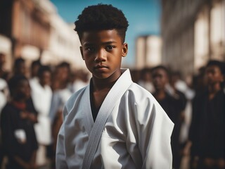  Portrait of a black American  karate child in kimono, blurry background.