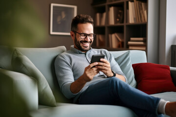  young man smiling sitting on couch and using his phone in livingroom