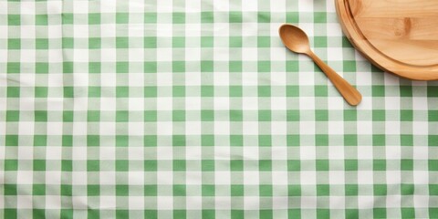 Aufkleber - White wooden table covered with green tablecloth and cooking utensils. View from top. Empty tablecloth for product montage. Free space for your text : Generative AI