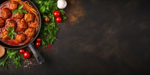 Wall Mural - Spaghetti pasta with meatballs in tomato sauce with parsley in frying pan, dark table background, top view. Banner, copy space : Generative AI