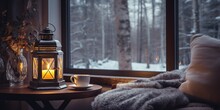 Cozy Lanterns On A Windowsill, With Winter Landscape Seen Through The Window. : Generative AI