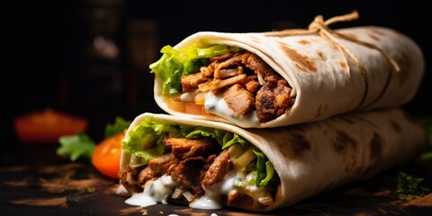 Chicken shawarma durum doner kebab copy space. kafta shawarma chicken pita wrap roll sandwich traditional arab mid east food : Generative AI