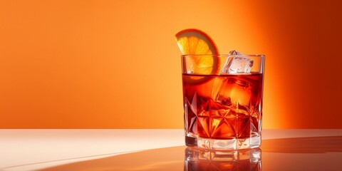 Poster - Glass of tasty Negroni cocktail on light background with space for text : Generative AI