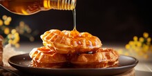Pouring Maple Syrup Into A Plate Of Croffle. Mix Of Croissant And Waffle Which Made Using Croissant Dough Molded In A Waffle Machine. Tea Time Situation In Bright Mood Background. : Generative AI