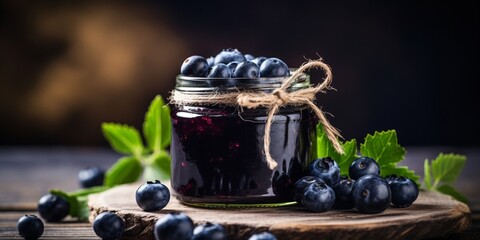Poster - Blueberry jam with fresh berries on an old wooden table. Copy space. : Generative AI