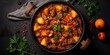 Beef stew with potatoes, carrots in tomato sauce in red pot, top view, gray background, copy space. : Generative AI