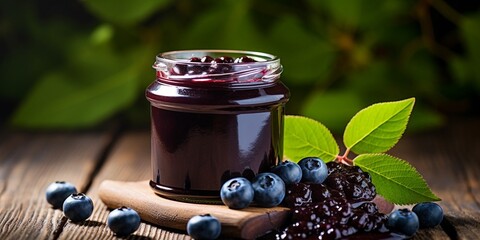 Poster - Blueberry jam with fresh berries on an old wooden table. Copy space. : Generative AI