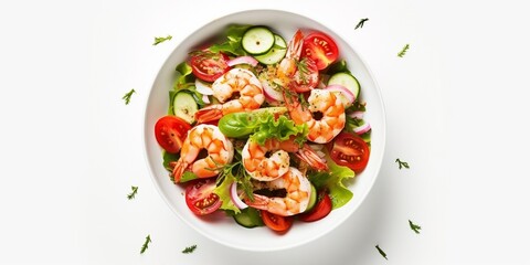 Wall Mural - Shrimp Salad. Healthy Seafood Caesar Salad with prawns on white background, top view, copy space. : Generative AI