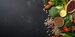 Superfoods on a gray background with copy space. Nuts, beans, greens and seeds. Healthy vegan food. : Generative AI
