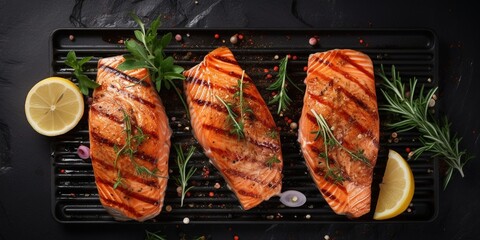 Wall Mural - Grilled salmon fillets steaks with salt pepper and herb on grill. Gray background. Top view. Copy space : Generative AI